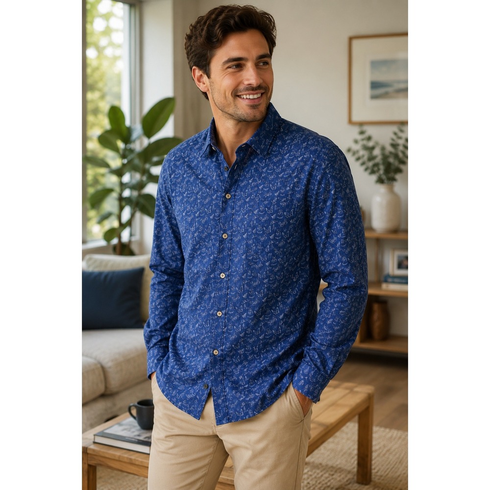 Michael Kors Mens Blue Butterfly Print Long Sleeve Button Down Shirt 17.5 44
